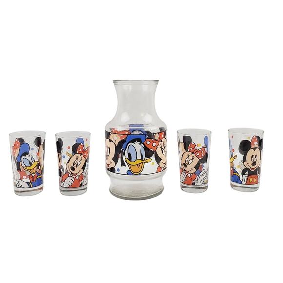 Anchor Hocking Other - Disney Mickey Minnie Donald Anchor Hocking Glass Juice Pitcher Jug & 4 Cups VNTG